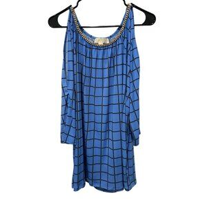 Michael Kors Womens Blue Black Checkered Cold Shoulder Top Gold Chain Detail
